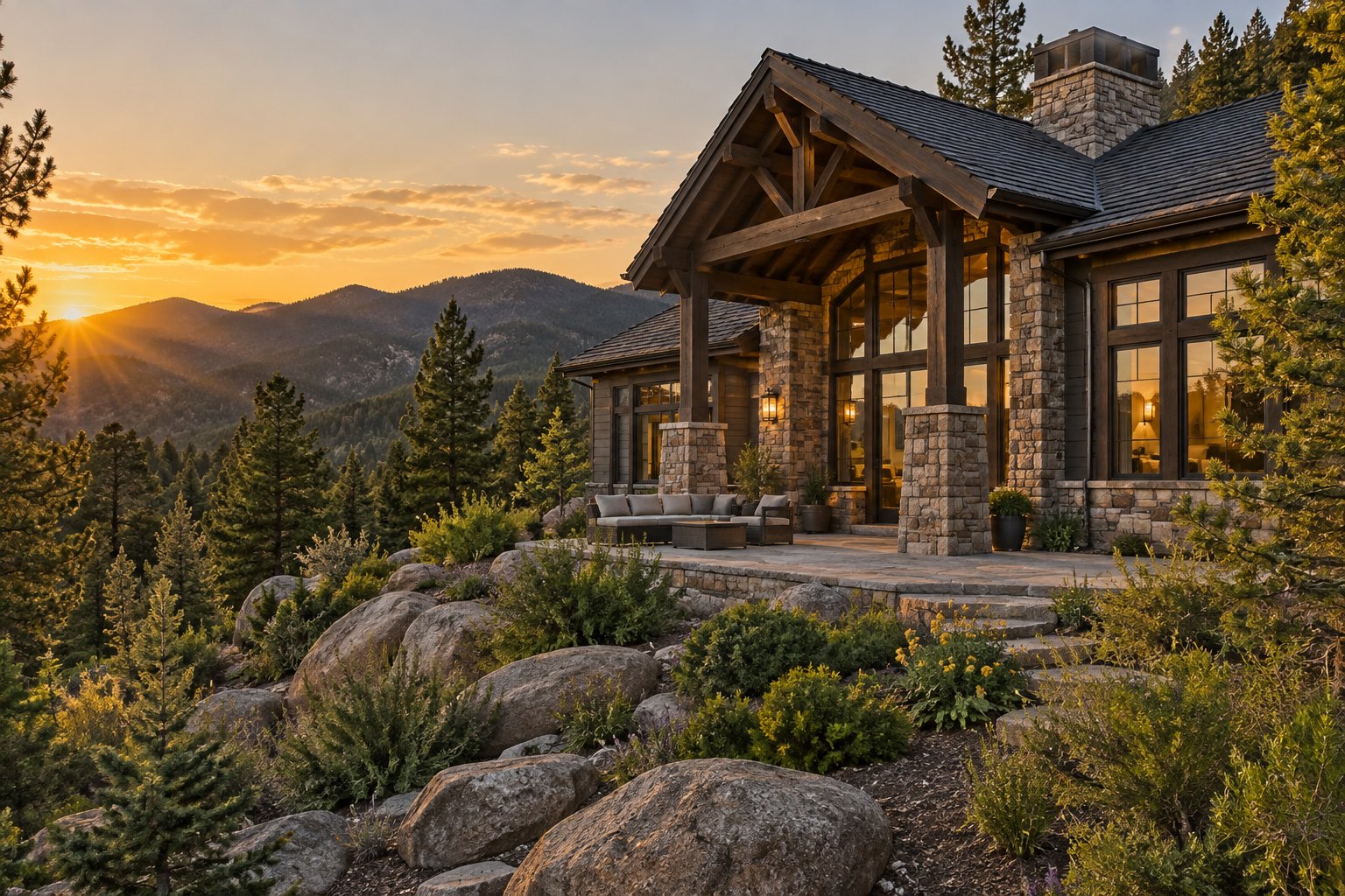 A Colorado foothills home at golden hour, illustrative
