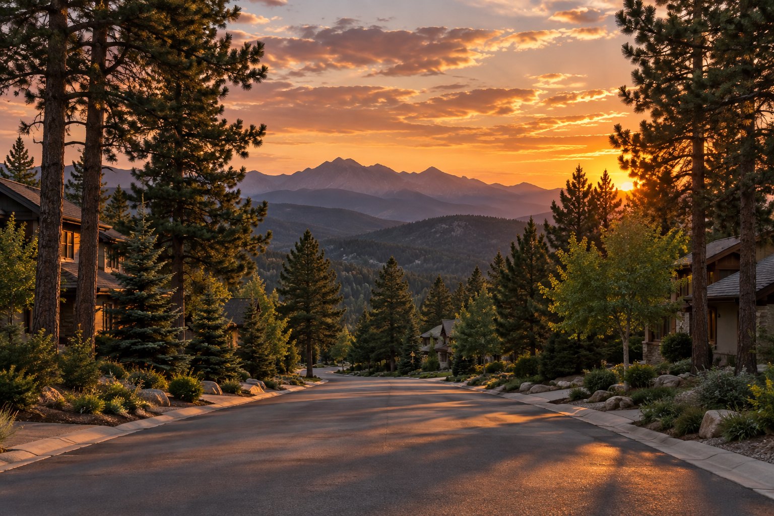 A tree lined Colorado foothills street at sunset, illustrative