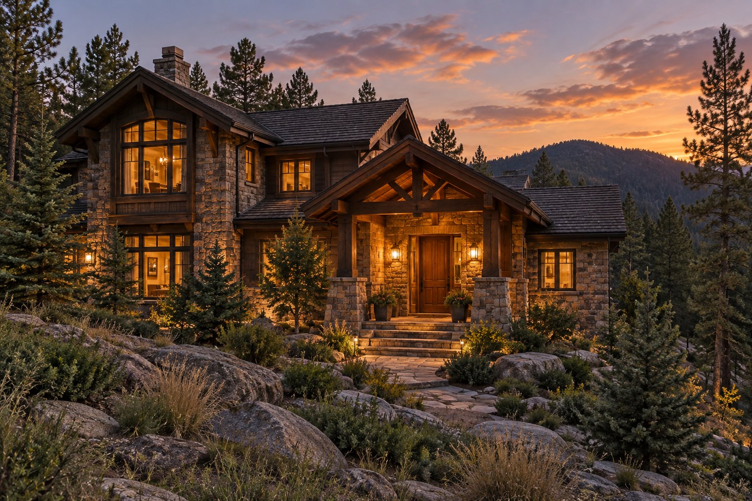 A Colorado foothills single family home exterior at dusk, illustrative
