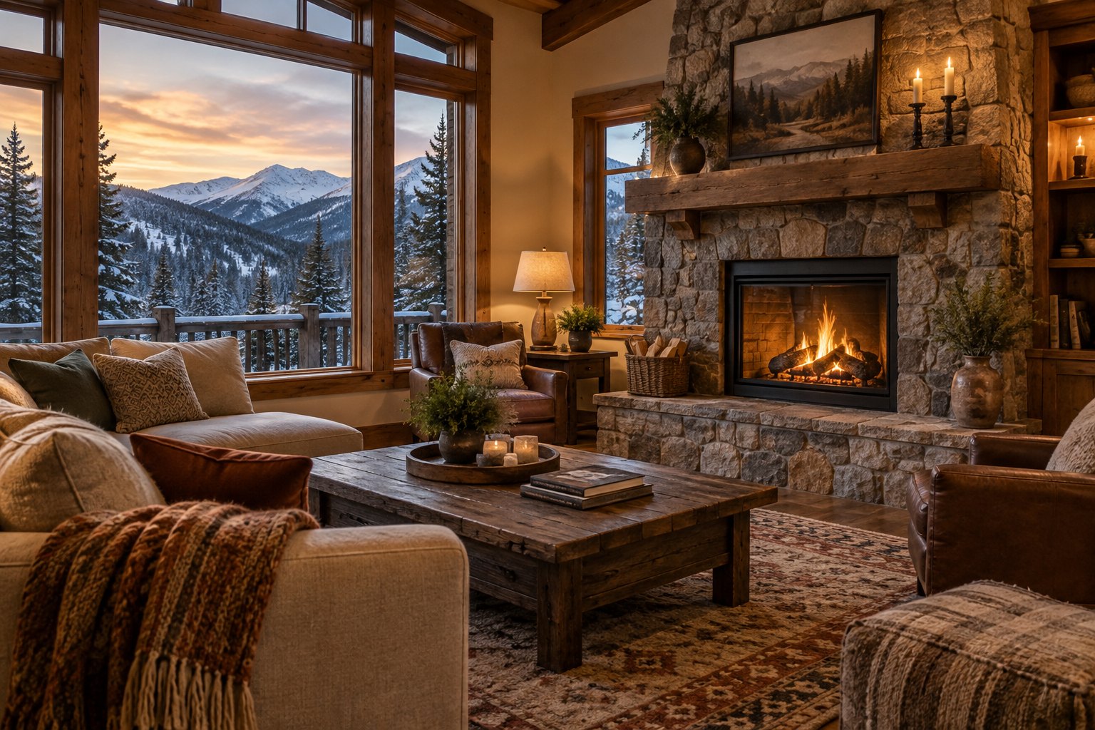 A cozy Colorado foothills home living room, illustrative